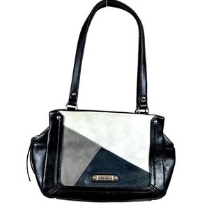 Nicole Miller NY Colorblock Patchwork‎ Shoulder Bag Black Gray Faux Leather